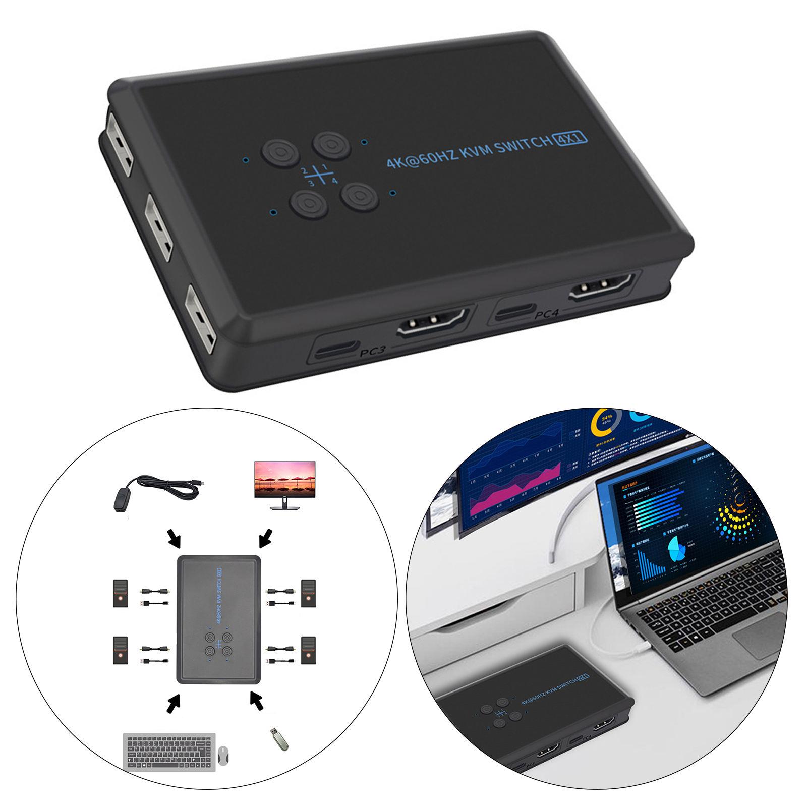 USB 2.0 KVM Switch 4 Port with USB Cable for Mouse Keyboard Monitor Sharing