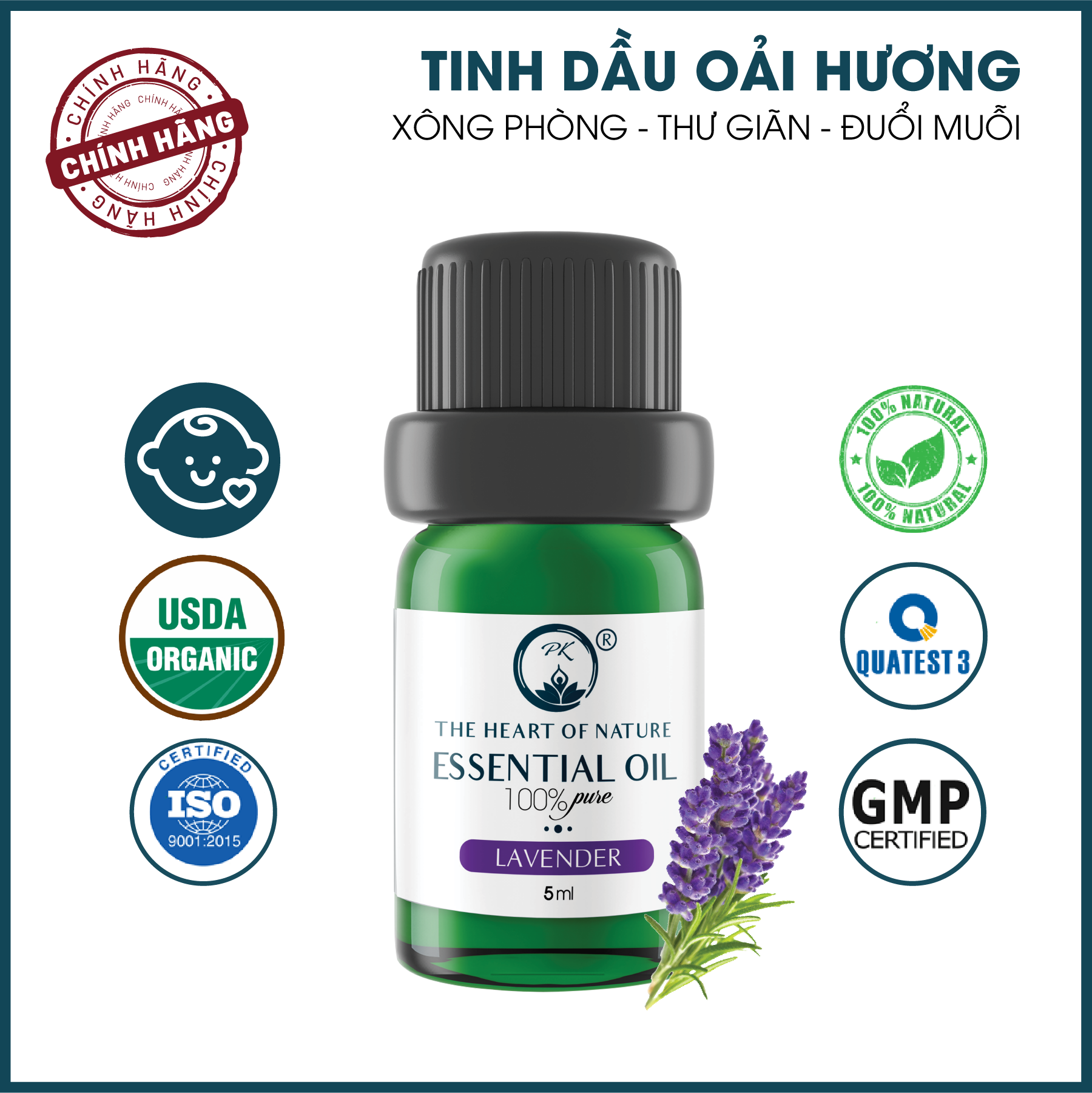 Tinh Dầu Cao Cấp Lavender PK 100ml - Tinh Dầu Oải Hương Thơm Phòng, Đuổi Muỗi, Thư Giãn - Chứng Nhận Hữu Cơ Organic FDA Hoa Kỳ duy nhất Việt Nam