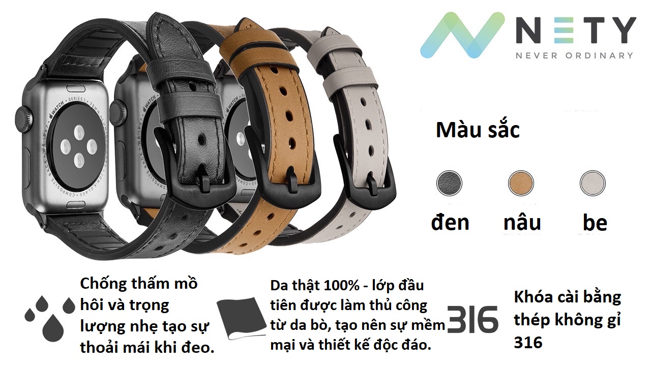 Dây đeo đồng hồ da chống thấm nước NETY dành cho Apple Watch Series1~5 38mm/40mm/42mm/44mm