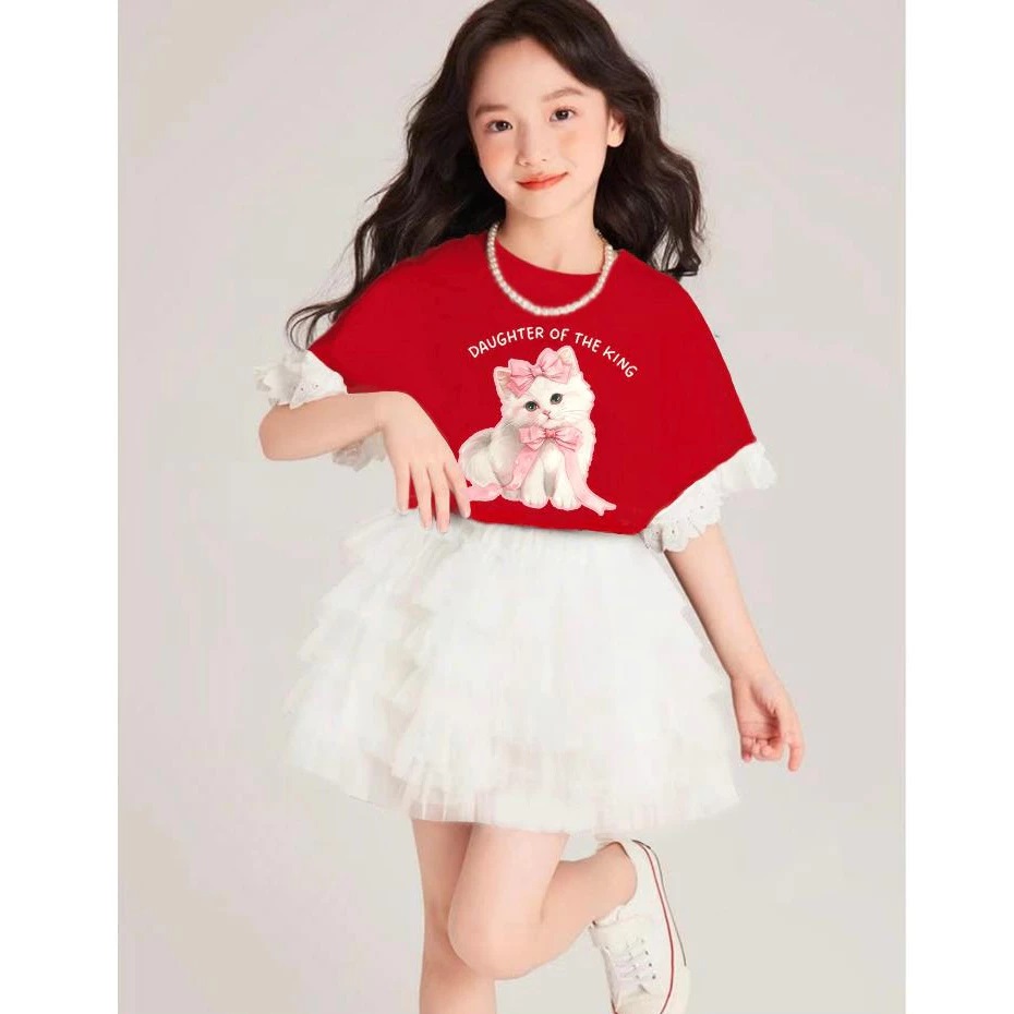 SET ĐỒ BÉ GÁI ÁO THUN MÈO PHỐI REN TAY + CHÂN VÁY VOAN XẾP TẦNG SIÊU XINH TỪ 12-45KG DÀNH CHO BÉ GÁI