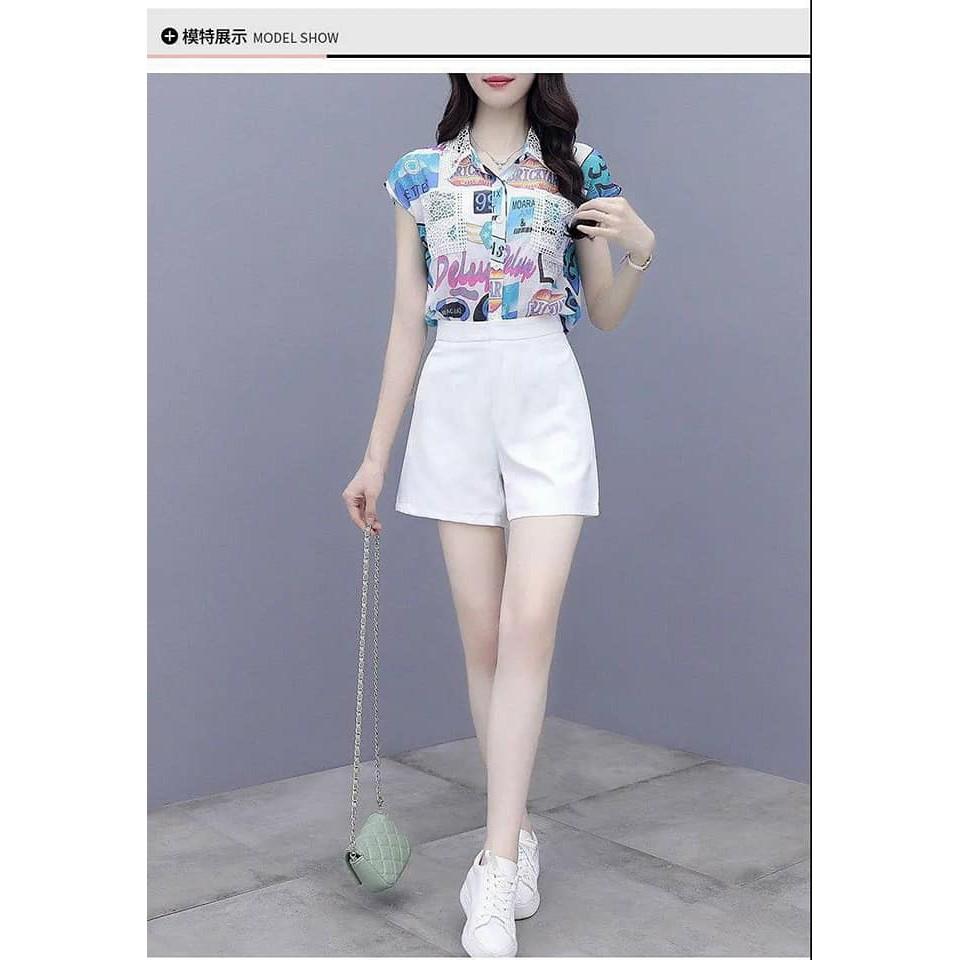 Set bộ quần short áo sơ mi họa tiết phối ren