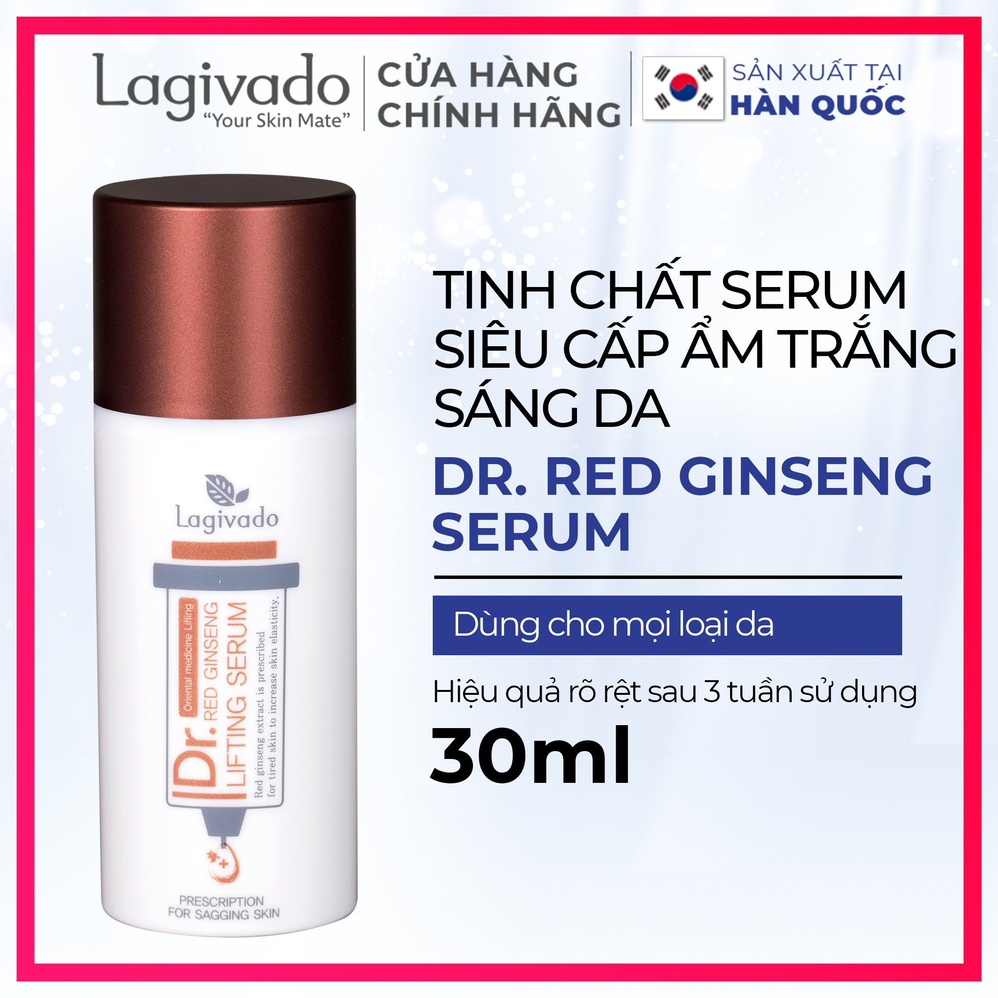 Bộ đôi serum dưỡng trắng da Hàn Quốc Lagivado Dr. Red Ginseng Lifting 30 ml và tẩy tế bào da chết Radiance Peeling 50 ml.