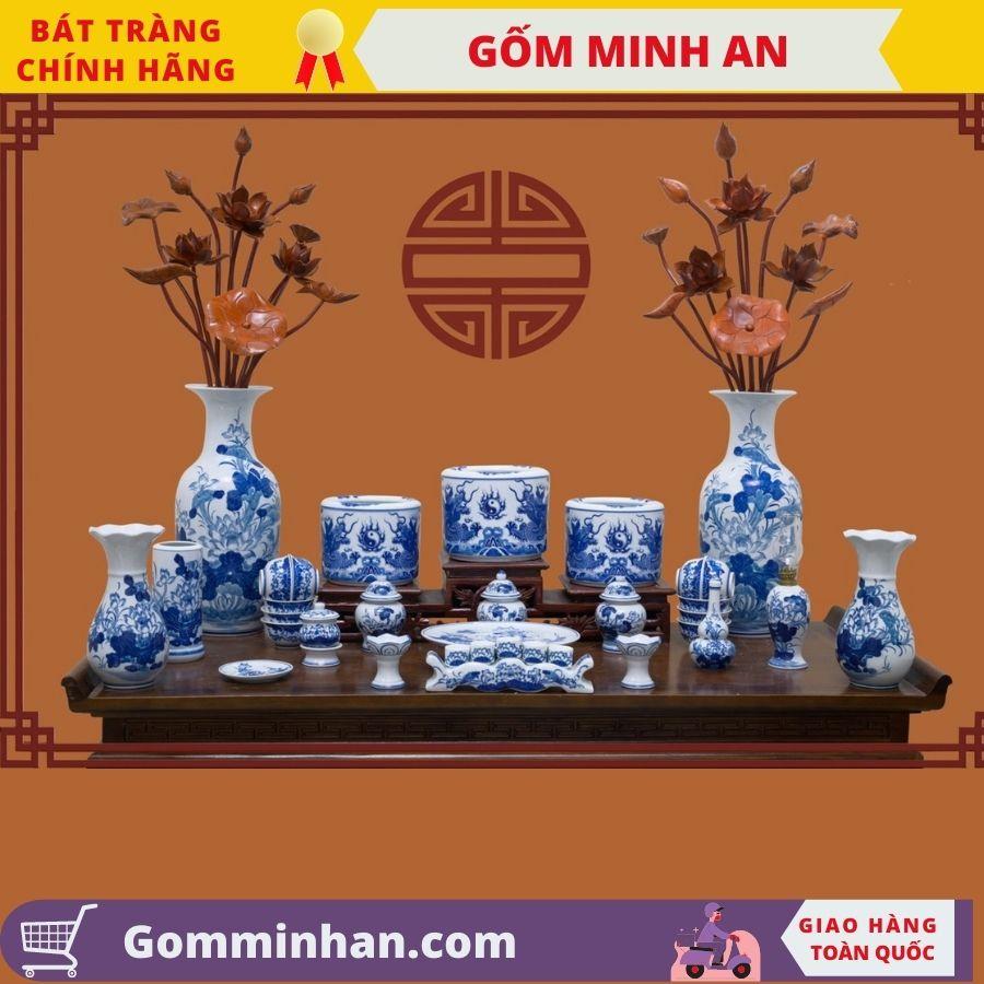 Bộ Kỷ Thờ Ngai 5 chén vẽ Hoa Sen Vẽ Rồng Cao Cấp- Gốm Sứ Bát Tràng- Gốm Minh An