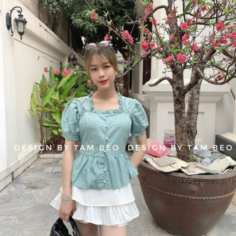 Áo Kiểu Chất Đũi Ngắn Tay _ Thiết Kế Cổ Bèo Vuông Đính Khuy Ngọc Sang Chảnh