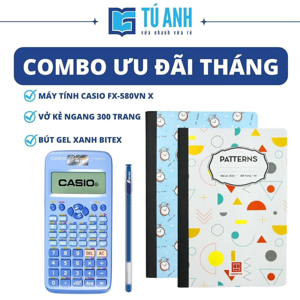 [ Combo Ưu Đãi ] - Máy Tính Casio FX 580VN X + Vở Kẻ Ngang 300 trang Hồng Hà + Bút Gel Xanh Bitex