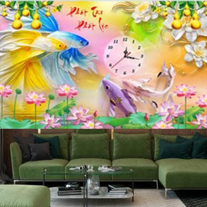Tranh đá cá đồng hồ phát tài phát lộc VS345 - kích thước: 75 * 50cm.