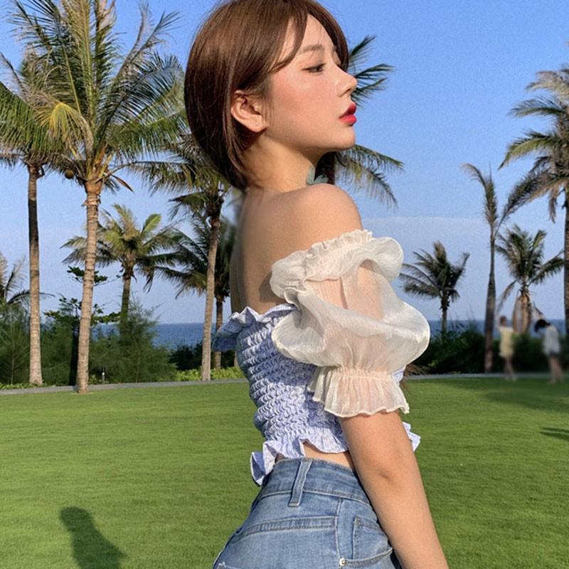 Áo Kiểu Vải Voan Tay Ngắn Cổ Vuông Thiết Kế Quyến Rũ Cho Nữ