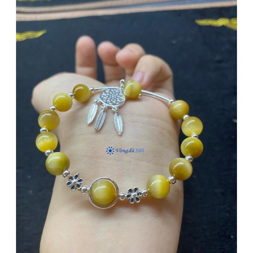 Vòng Đá Phong Thuỷ - Đá Mắt Hổ Vàng Tâm mix charm chuông gió cầu Tài, cầu Lộc, cầu Bình An