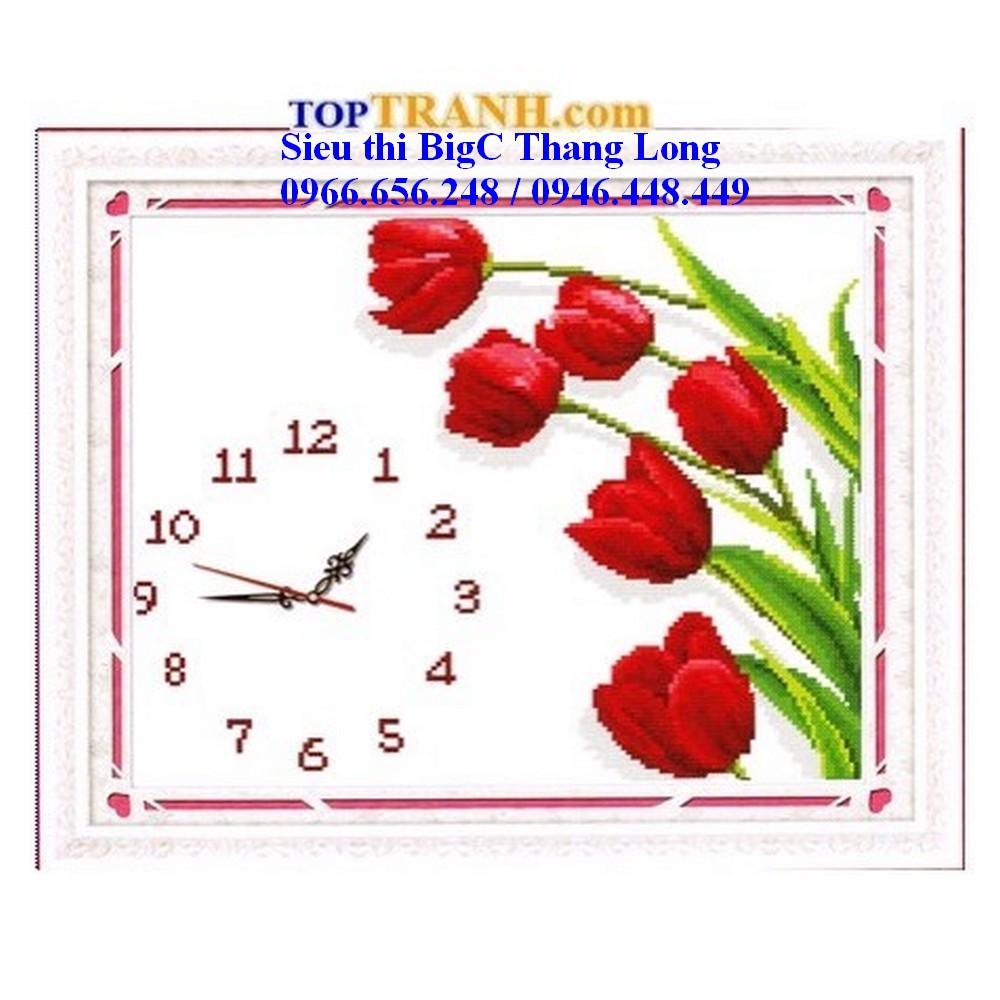 Tranh thêu chữ thập đồng hồ hoa tuylip đỏ A895 tranh thêu bé