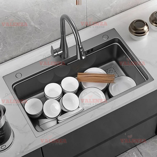 Chậu rửa bát 1 hố lớn 68x45cm sus304 nano xám Valenza kèm khay inox, bộ xả to ngăn mùi-Dày 3li