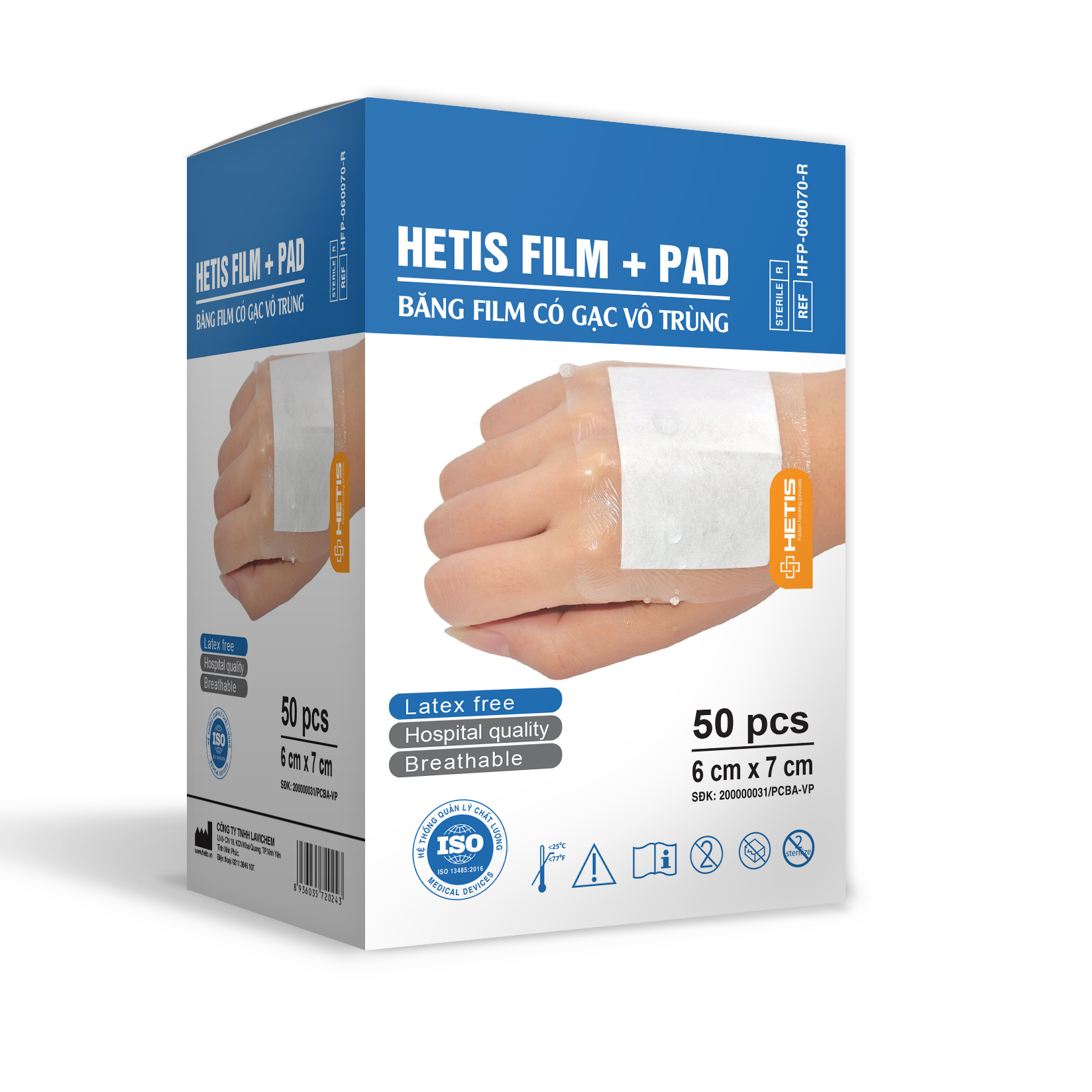 Hộp 25 miếng băng dán vết thương chống thấm nước HETIS FILM PAD băng film trong suốt có gạc vô trùng - 90x200mm