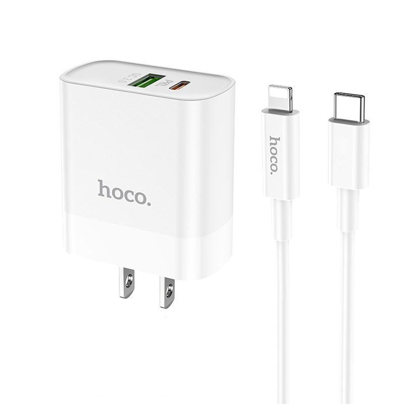 Hình ảnh Bộ Sạc Nhanh Cho Iphone PD20W Hoco C80 chuôi dẹt 2 cổng Usb và Type-C kèm dây sạc Type-C sang iPhone - Hàng chính hãng