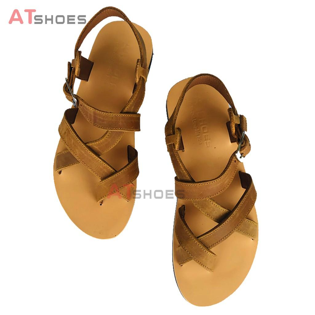 Dép Sandal Unisex - Da Bò Sandal xỏ ngón nam nữ chuẩn kiểu HQ Trẻ Trung Atshoes AT40 (Vàng)