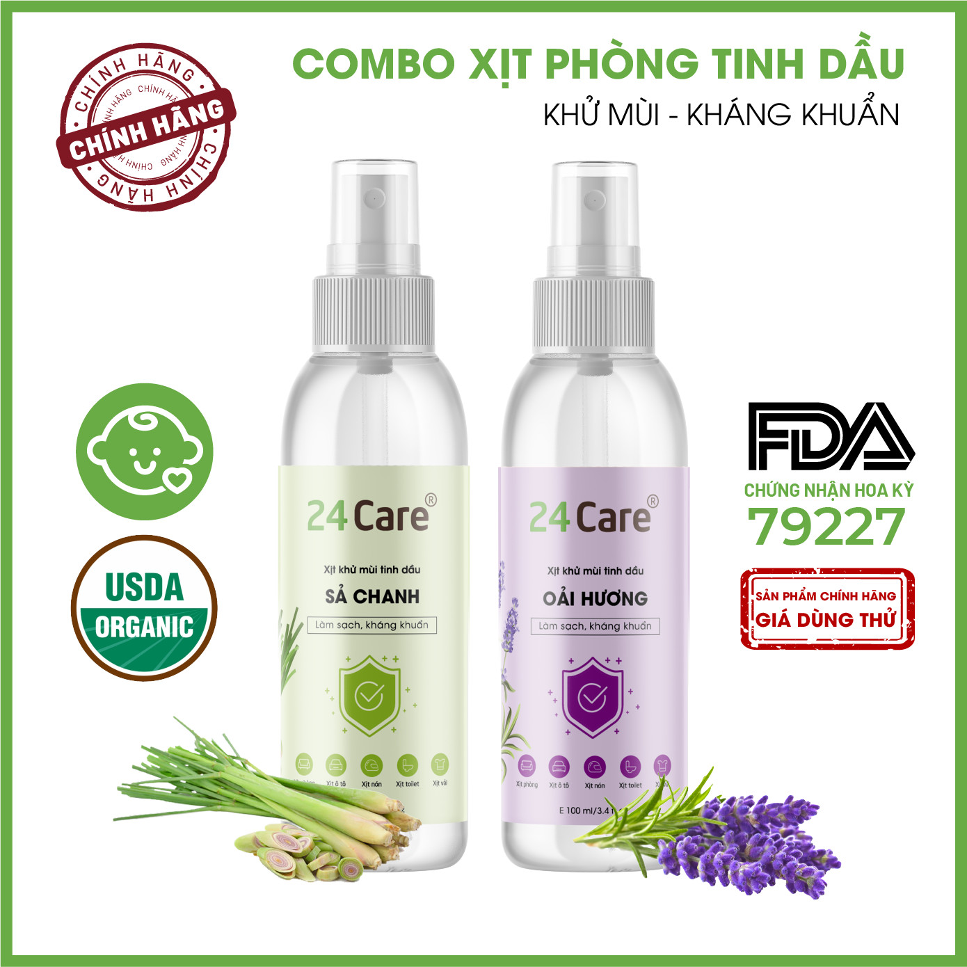 Combo 2 Tinh dầu Xịt phòng Sả Chanh + Oải Hương Hữu Cơ Organic 24Care 100ML/Chai - Có giấy Công bố của Bộ Y Tế