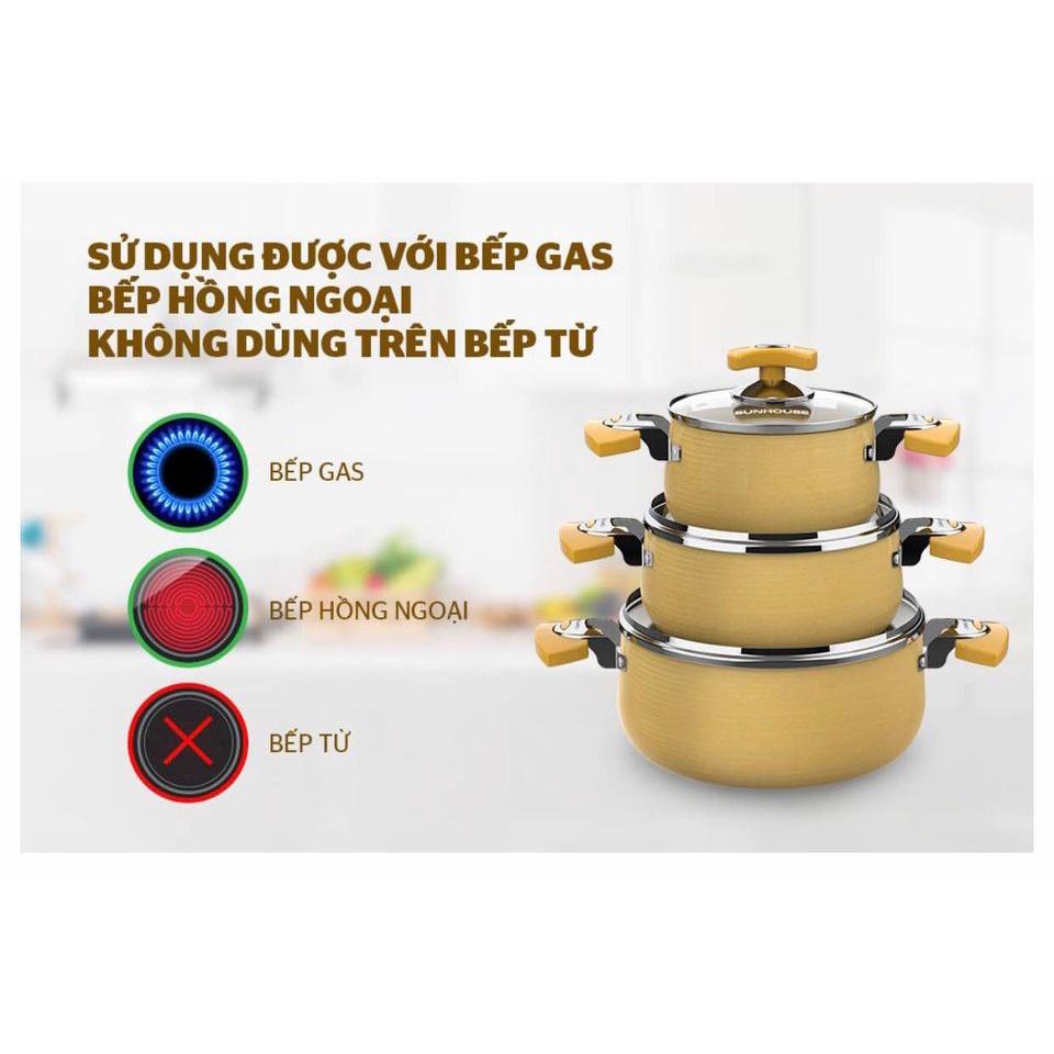 Hình ảnh Bộ nồi Sunhouse SH6634, bộ nồi Anod Sunhouse 3 chiếc chất liệu nhôm dùng bếp gas, bếp hồng ngoại, siêu bền - BH 12 tháng