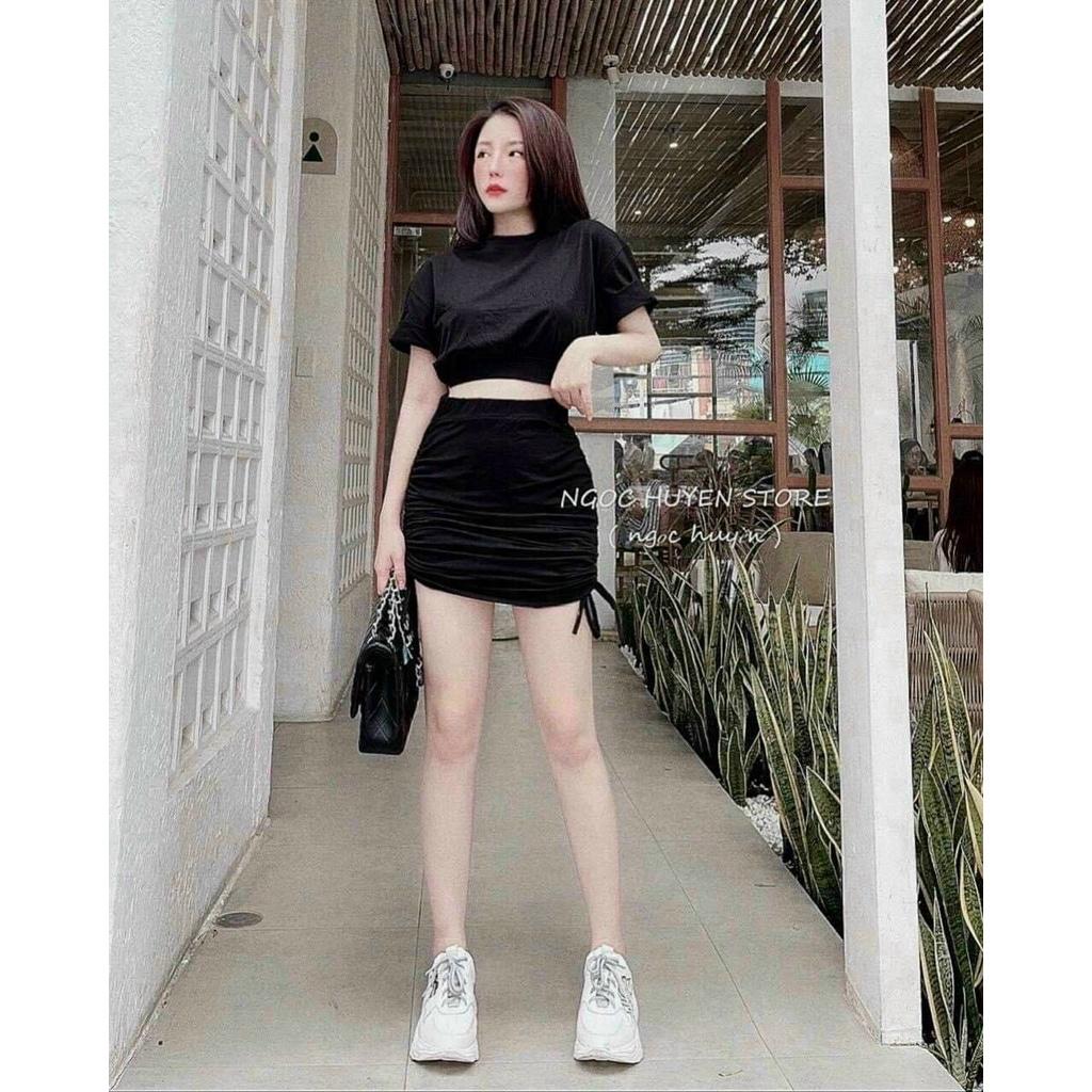 Set áo cổ tròn mix chân váy rút dây cực hot thời trang siêu xinh