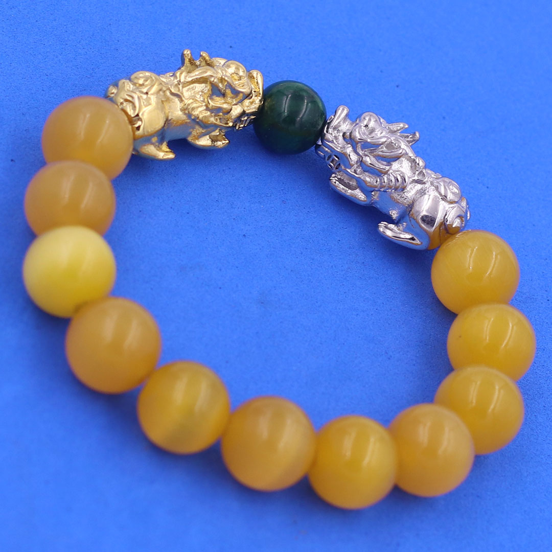 Vòng chuỗi đeo tay đá mắt mèo vàng 12 ly charm tỳ hưu đôi inox trắng và vàng, vòng chuỗi phong thủy, charm tỳ hưu, vòng tay hạt chuỗi