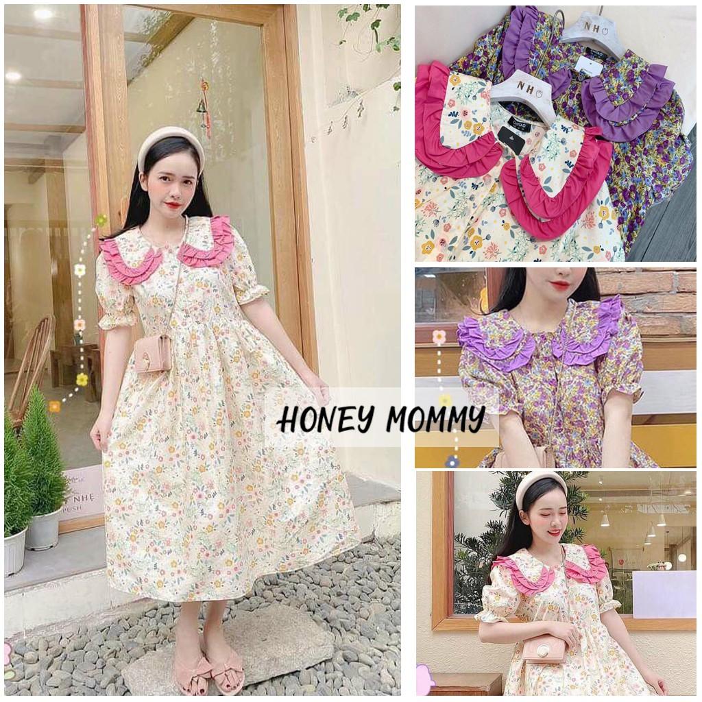 Váy Bầu Babydoll Hoa Nhí Cổ Bèo HD2829 Honey Mommy Đầm Bầu Hoa Ngắn Tay Mùa Hè Đi Chơi Công Sở Cổ Tròn