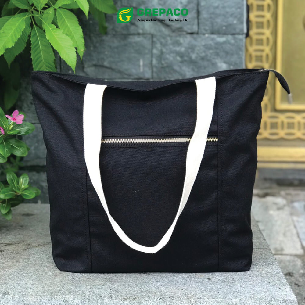 Túi Tote Xách Nữ Grepaco Vải Bố Canvas Cao Cấp Màu Đen Đẹp Đeo Chéo Vai Có Khóa Kéo Nhiều Ngăn Dùng Đi Học, Làm Công Sở, Du Lịch Phong Cách Thời Trang Hàn Quốc - Tặng Túi Đựng Mỹ Phẩm