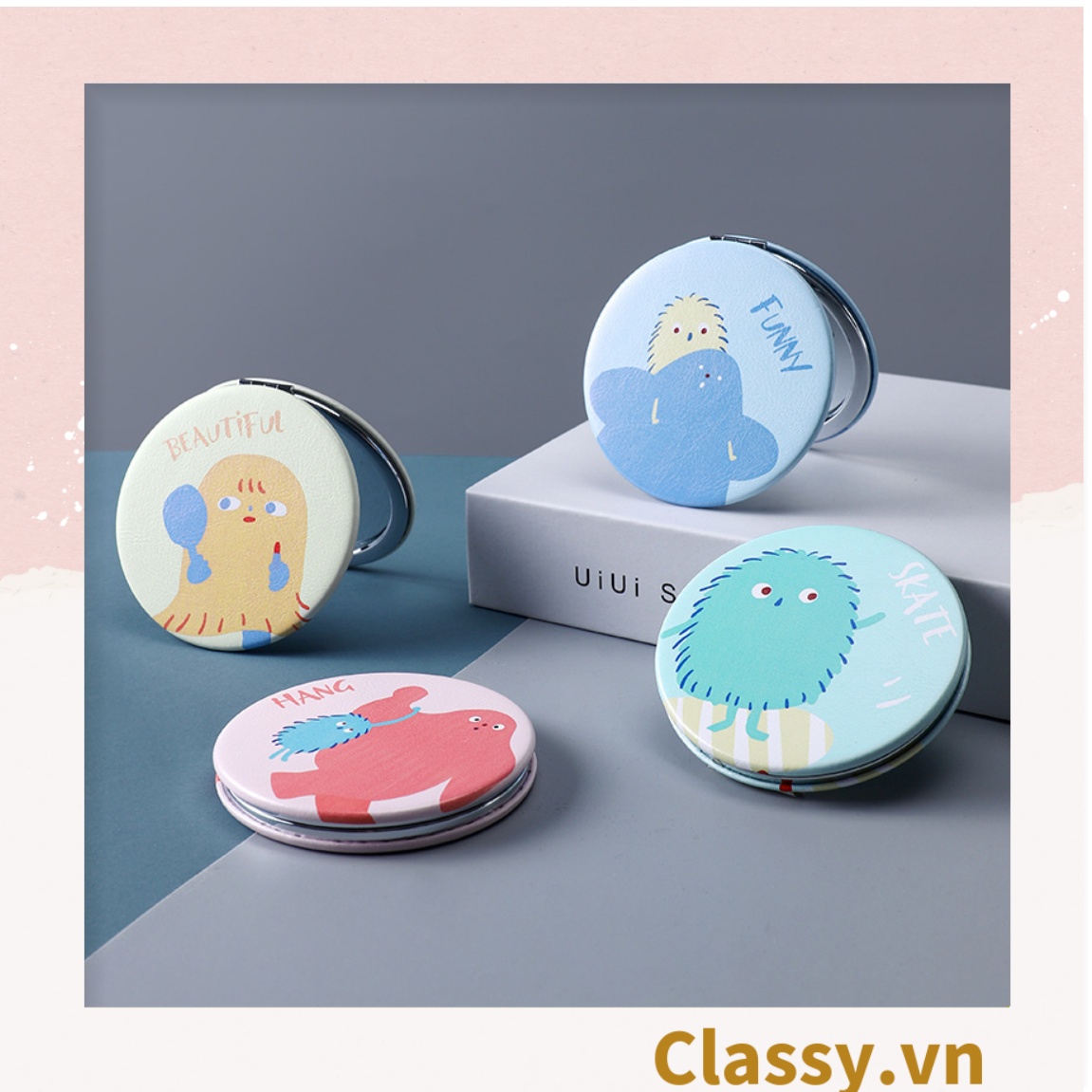 Gương trang điểm cầm tay mini 2 mặt bỏ túi, Gương cầm tay mini Hàn Quốc siêu cute, Gương hoạt hình PK570