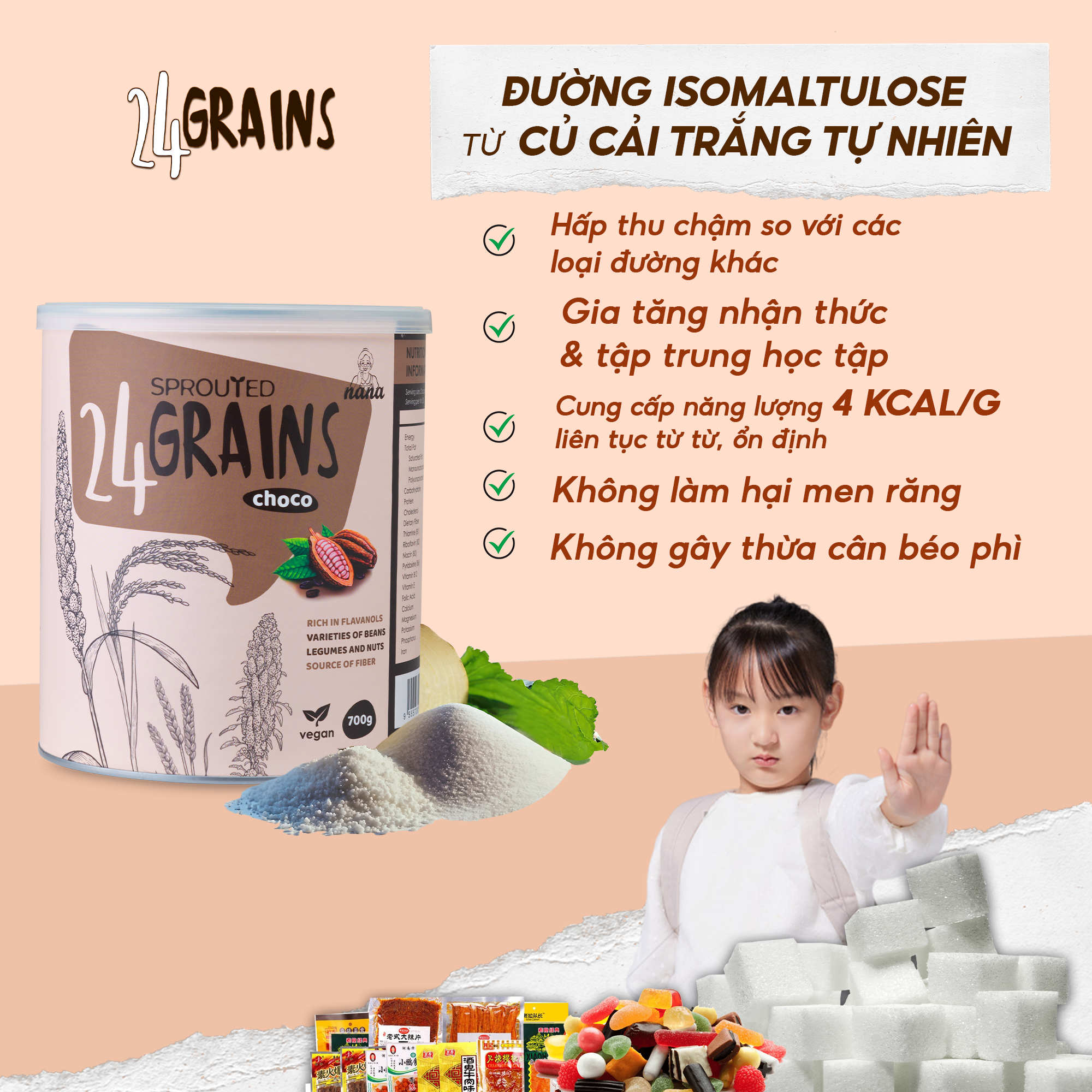 Sữa Hạt Gạo Lứt Hữu Cơ 24Grains 700g Vị Socola Nhập Khẩu Malaysia Cho Trẻ Từ 3 Tuổi &amp; Người Lớn Bổ Sung Dinh Dưỡng Vegan - 24grainsvn