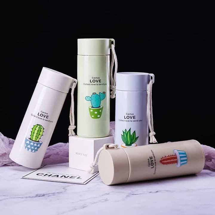 Bình đựng nước lõi thủy tinh họa tiết xương rồng dễ thương dung tích 450ml