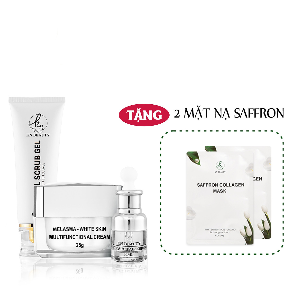 Bộ 3 sản phẩm Xóa Mờ Thâm Nám, Tàn Nhang, Đồi Mồi, Làm Trắng Da, Chống Nắng KN Beauty chuyên sâu : Kem dưỡng 25g + Serum 30ml + Tẩy tế bào chết 120ml