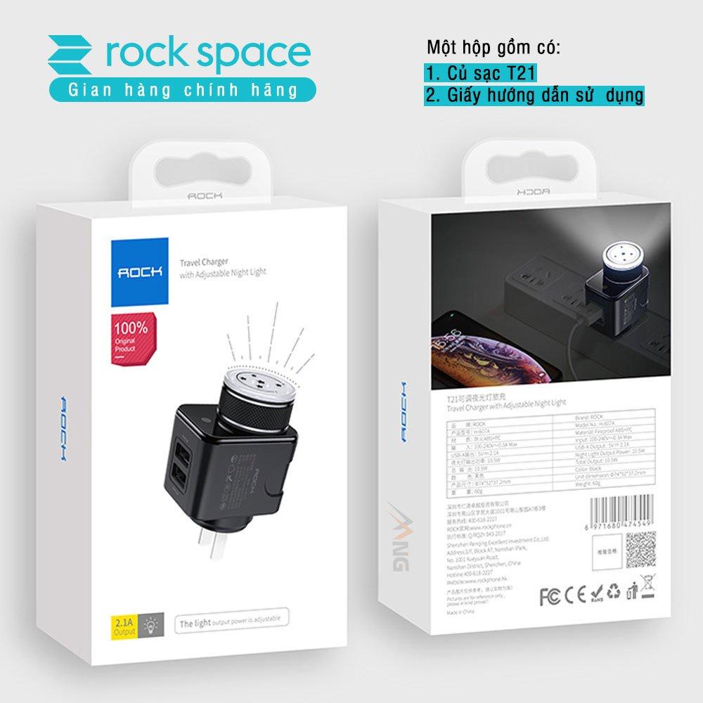 Củ sạc Rockspace T21 2 cổng 2,1A sạc nhanh tích hợp đèn ngủ tùy chỉnh độ sáng - Hàng chính hãng