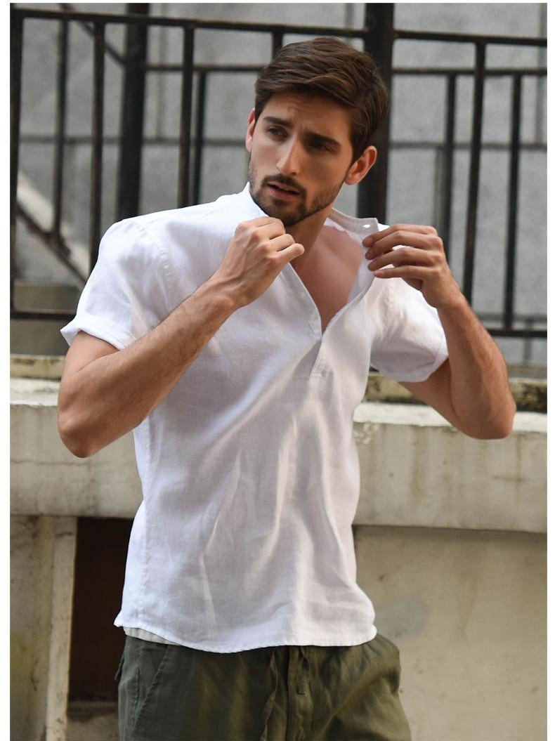 Áo sơ mi linen dành cho  nam, trơn cổ trụ, sơ mi hàn quốc Haint Boutique, form vừa