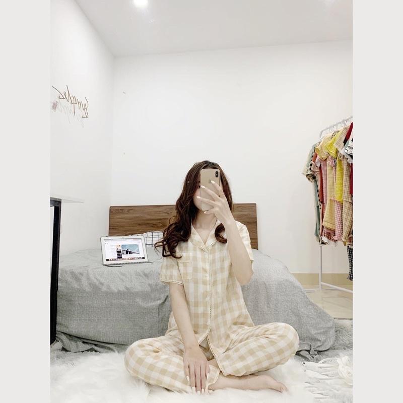 BỘ PIJAMA CHẤT ĐŨI HÀN HOẠ TIẾT KẺ Ô VIỀN REN CAO CẤP