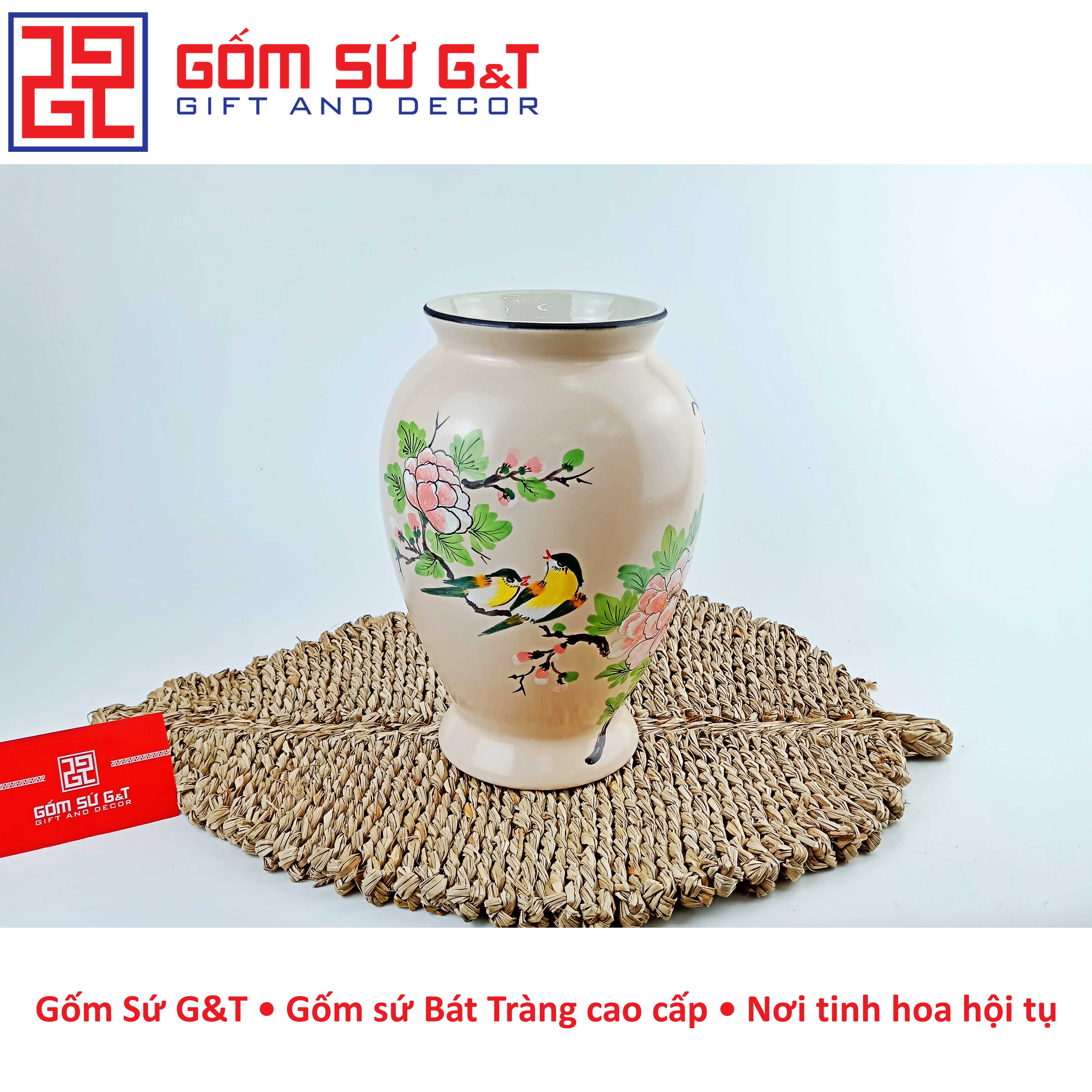 Lọ hoa dáng đùi dế vẽ chim hoa phù dung Gốm Sứ G&T