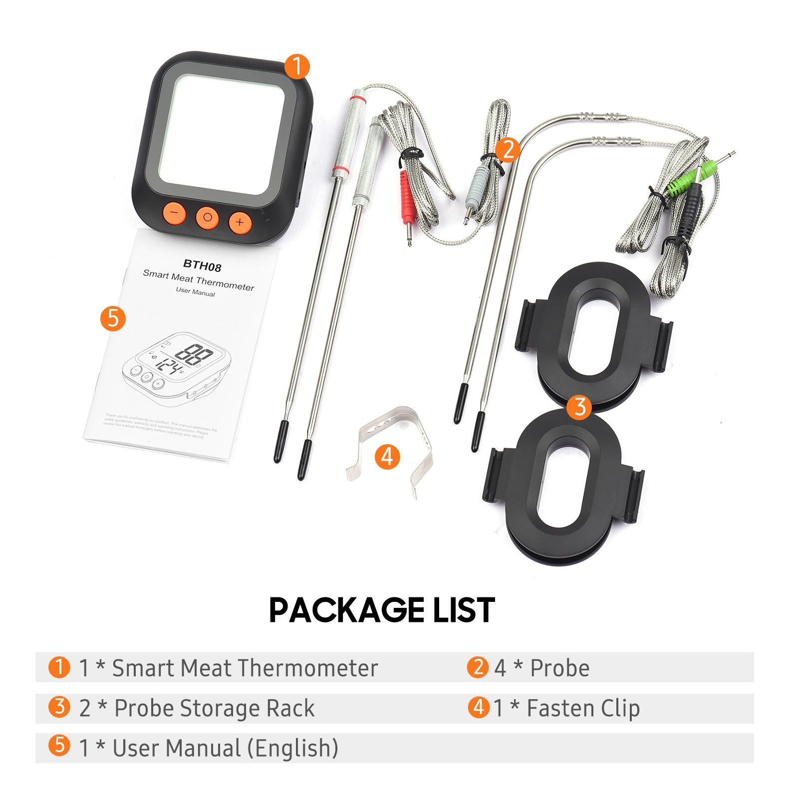 Smart Meat Thermometer with 4 Probes Digital LCD Display 262ft BT Distance APP Remote Control Timer Sharing Alarm Temperature Smart Cooking Thermometers for Barbeque Grill Oven Kitchen
