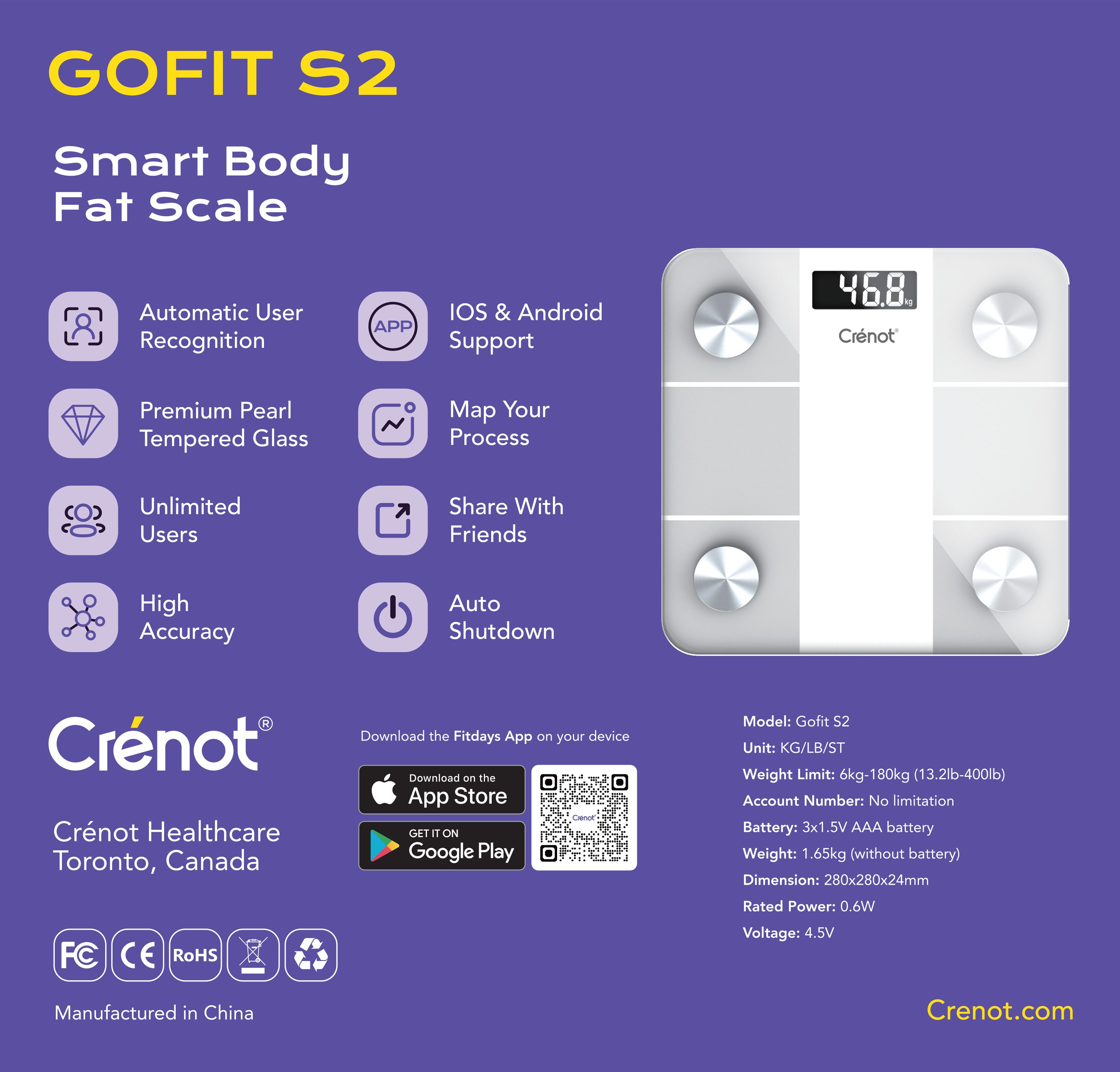 Cân điện tử sức khoẻ thông minh Crénot Health Gofit S2 kết nối bluetooth đo phân tích chỉ số cơ thể body fat scale can dien tu suc khoe thong minh Crenot