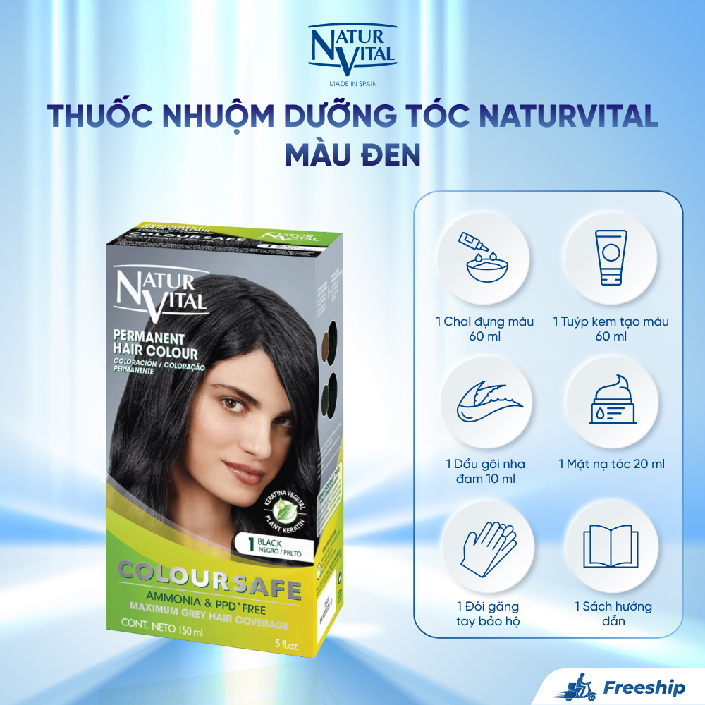 Thuốc Nhuộm Dưỡng Tóc NaturVital Colour Safe Permanent Hair Dye Chiết Xuất Lúa Mì & Đậu Nành, Giúp Làm Mới, Giữ Màu, Mang Đến Độ Mượt Bồng Bềnh - Màu Đen