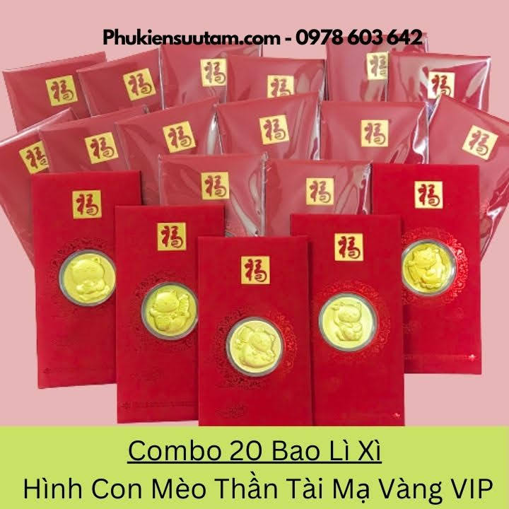 Combo 20 Bao Lì Xì Hình Con Mèo Thần Tài Mạ Vàng VIP, kích thước: 17cmx8cm, màu đỏ - SP005925