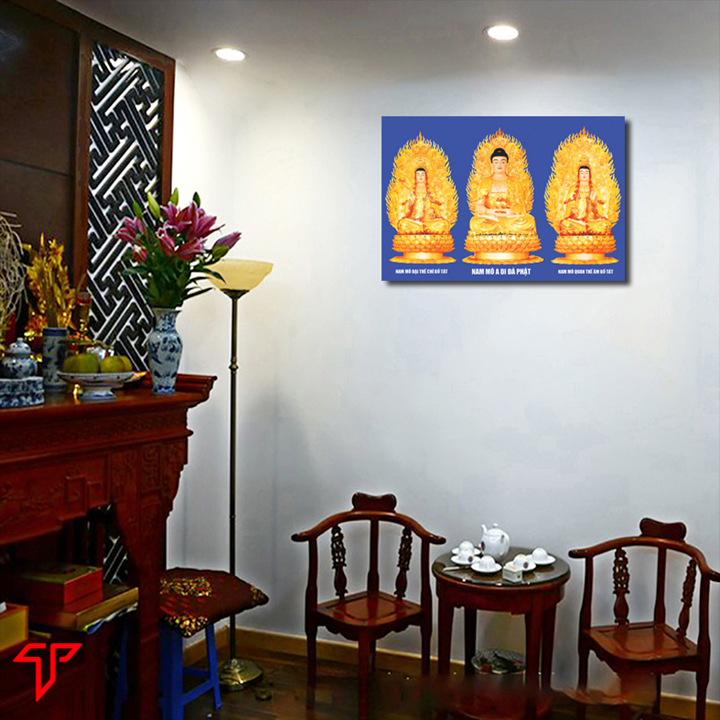 Hình Phật giáo cán gỗ MDF cao cấp trang trí nhà cửa, nơi thờ cúng linh thiêng mẫu tam thánh, quan thế âm bồ tát, Tranh Phật Giáo Tam Thánh 2378