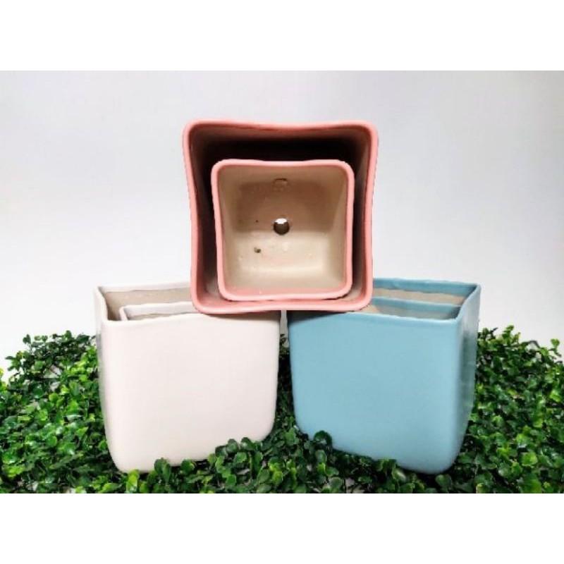 Chậu sứ hình vuông màu trắng hiện đại, độc đáo, men lạnh trơn, trồng cây phong thủy, cây để bàn siêu sang