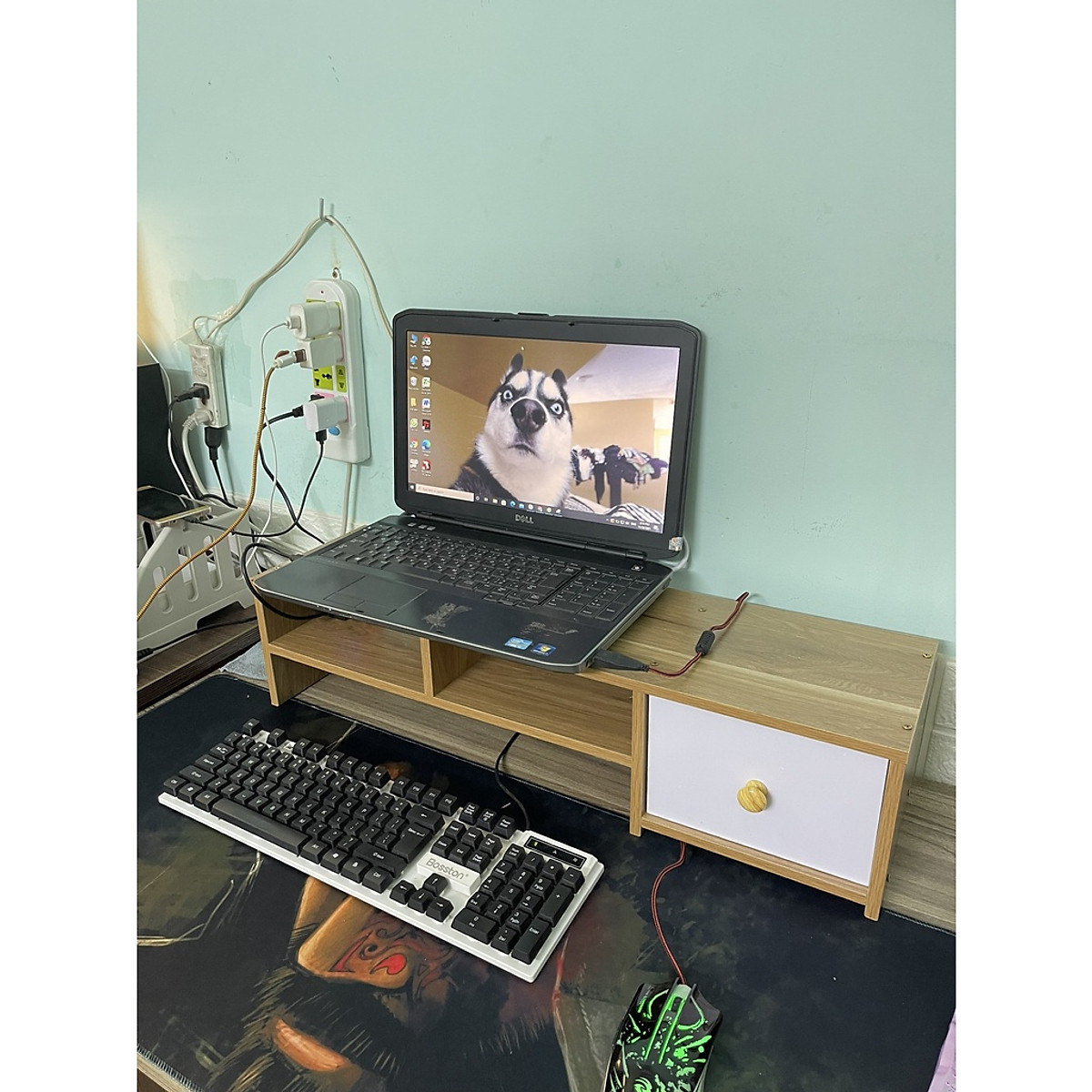 Kệ gỗ bàn làm việc, kệ kê màn hình laptop có ngăn tủ 2 tầng cải thiện tư thế ngồi 70x20x17cm