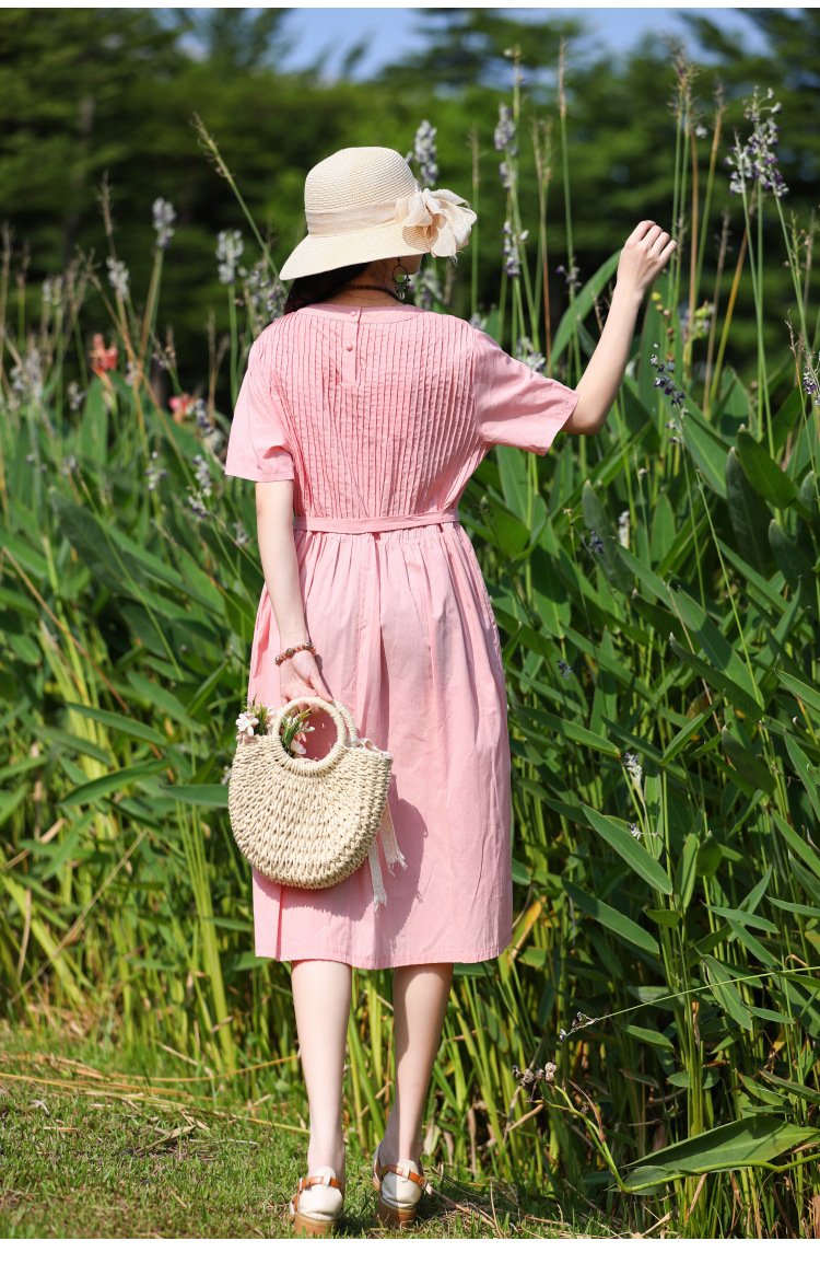 Đầm linen cổ tròn, đầm thiết kế mẫu mới năm nay, thời trang nữ cao cấp NH192 hồng