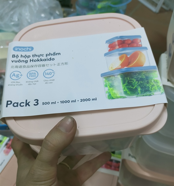 Bộ 3 hộp thực phẩm vuông Hokkaido 500-1000-2000ml (Tặng kèm sticker) - INOCHI- chất lượng chuẩn Nhật Bản