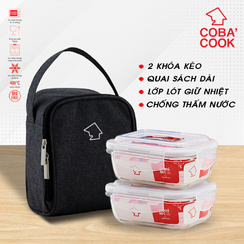Bộ 2 hộp đựng cơm, trữ thức ăn thủy tinh cường lực chịu nhiệt COBA'COOK 2 hộp chữ nhật 640ml và 1 túi giữ nhiệt- CCL62BS