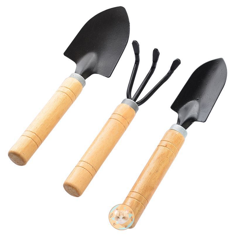 Dụng Cụ Làm Vườn Mini Trồng Hoa, Sen Đá, Xương Rồng - Bộ 3 Món Size Trung và Mini, Cán Gỗ Nhỏ Gọn Cho Gia Đình