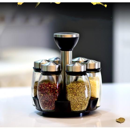 Bộ đựng gia vị 6 món xoay 360 độ thuỷ tinh CNAS Luxyry