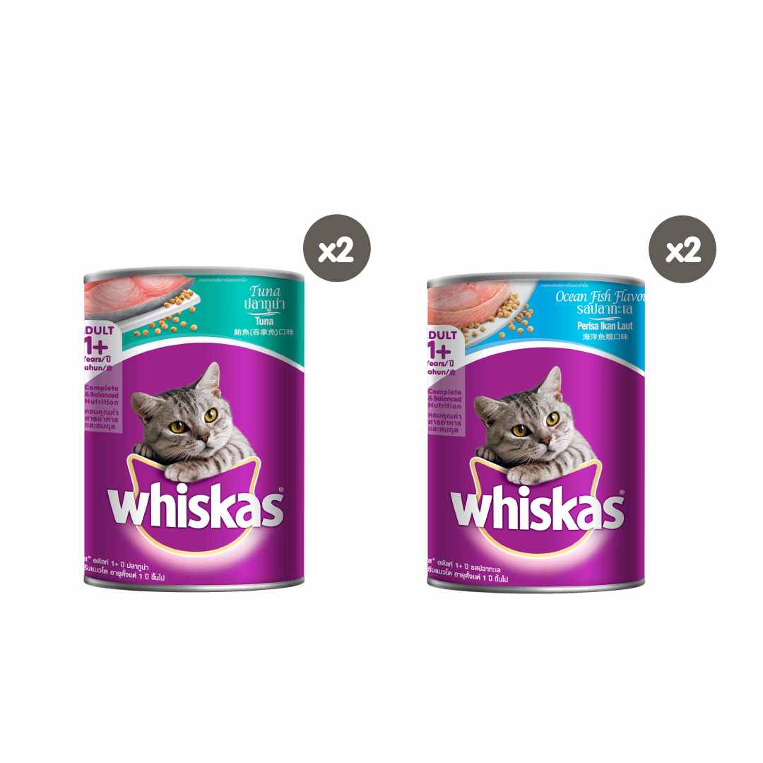WHISKAS Bộ thức ăn cho mèo lớn dạng pate vị cá biển 400g + vị cá ngừ 400g