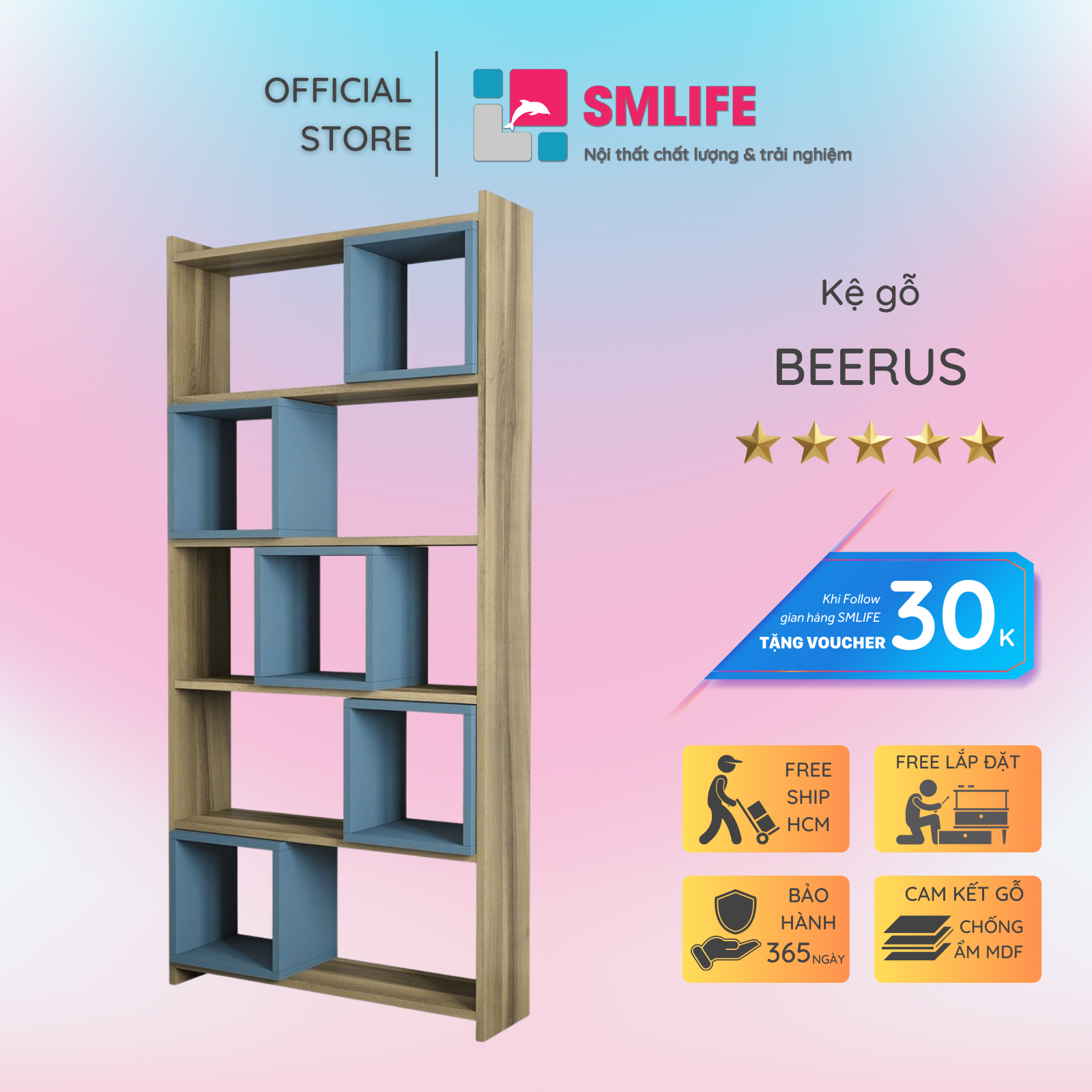 Giá sách gỗ đẹp phong cách hiện đại SMLIFE Beerus