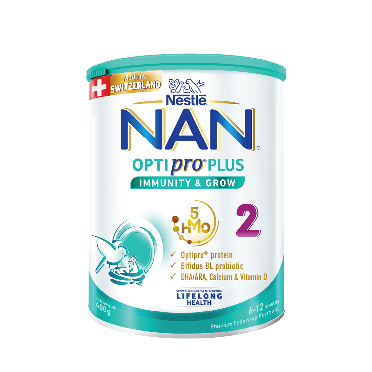 Sữa bột Nestlé NAN OPTIPRO PLUS 2 400g/lon với 5HMO Sản Xuất Tại Thụy Sĩ