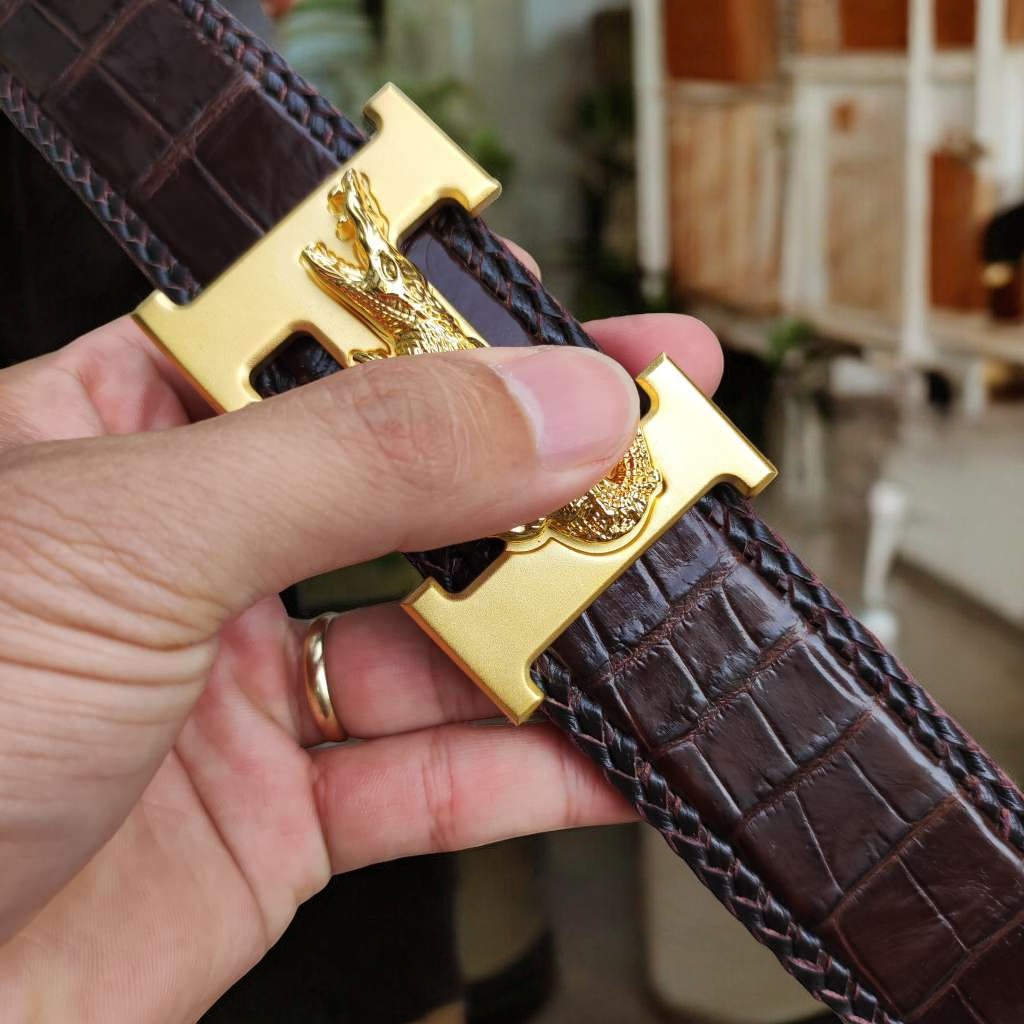 Dây nịt da bụng cá sấu liền tấm 4cm H29N1. Khóa H thép ko gỉ loại 1