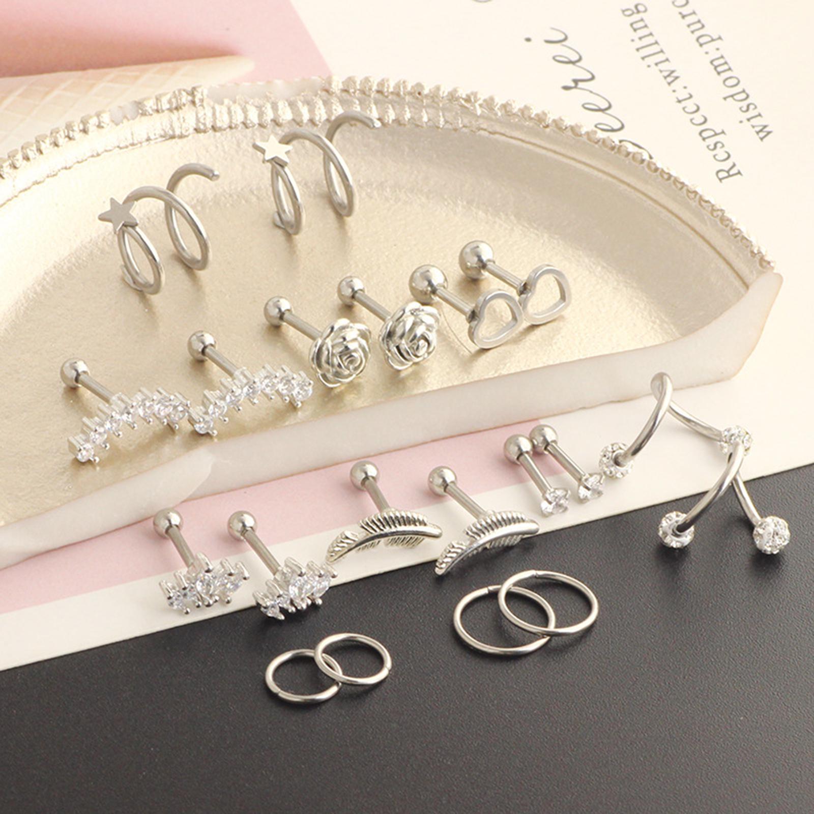 10 Pairs Tiny Stud Earrings Set Crown Moon Heart Disc Ball Small Flat Back Earrings Stainless Steel Barbell Earrings Piercing Set