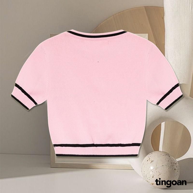 Áo len ngắn tay viền đen chống nhăn hồng tingoan ALISSA TOP/PK