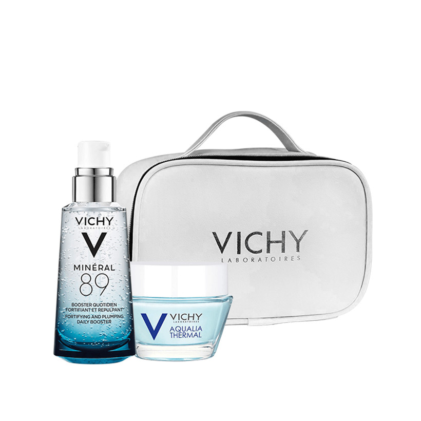 Bộ sản phẩm Dưỡng Chất Giàu Khoáng Chất Vichy Mineral 89 50ml Giúp Da Sáng Mịn Và Căng Mượt tặng Kem Dưỡng Vichy Aqualia Gel Cream 15ml và Túi đựng mỹ phẩm Vichy Pouche Blue